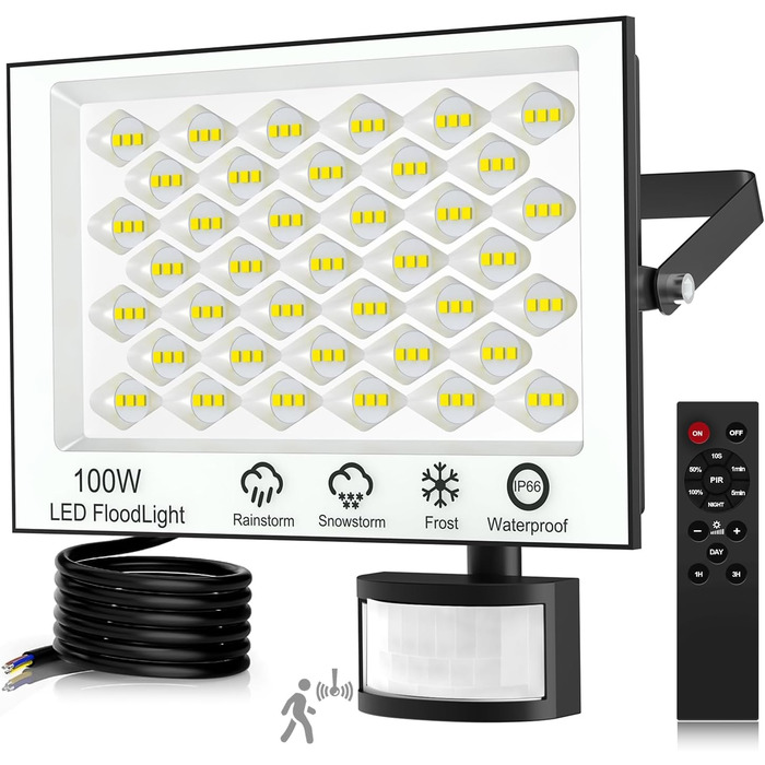Viugreum LED Floodlight with Motion Sensor 20000lm Outdoor IP66 Waterproof Spotlight 6500K Cold White Outdoor Light Floodlight for Garden (100w, 1PCS)