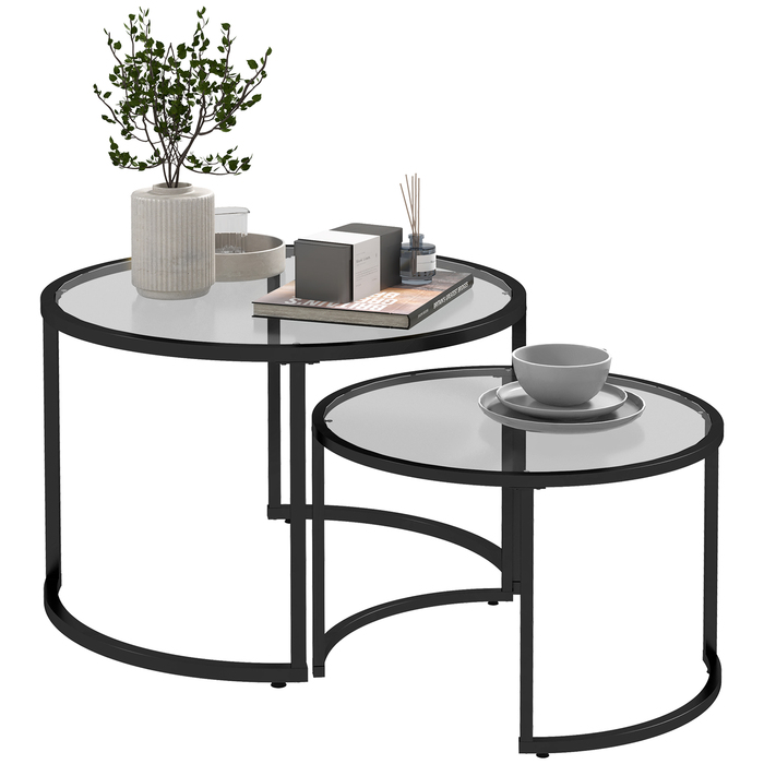 HOMCOM Set of 2 Side Tables with Black Steel Frame and Tempered Glass Tabletop, Partially Stackable for Living Room & Lounge