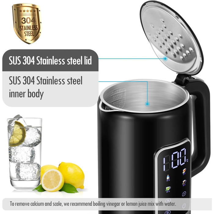 Електричний чайник ForMe з нержавіючої сталі, 1,7 л, регулювання температури 40-100°C, LED дисплей, функція підтримання тепла, без BPA (чорний)