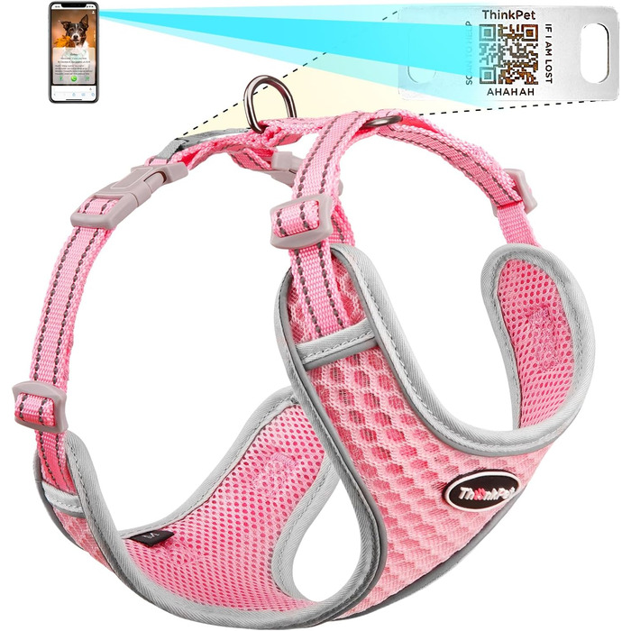 Відбиваюча нашийникова мітка для собак та котів ThinkPet з QR-кодом, м'яка, дихаюча, без застібок, для цуценят та собак/котів малих та середніх порід, блакитно-зелена (рожева, L)