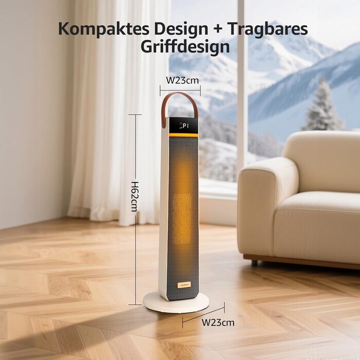 Електричний обігрівач Aigostar 2000W з пультом керування, ECO-режим, PTC кераміка, таймер 24год, тихий, осциляція 75°, 4 режими, захист від перекидання та перегріву, білий