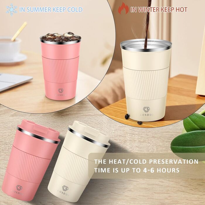 Термокружка CS COSDDI з нержавіючої сталі, 380 мл, для кави, води та чаю, з кришкою, подвійні стінки, ізольована, 1 шт.