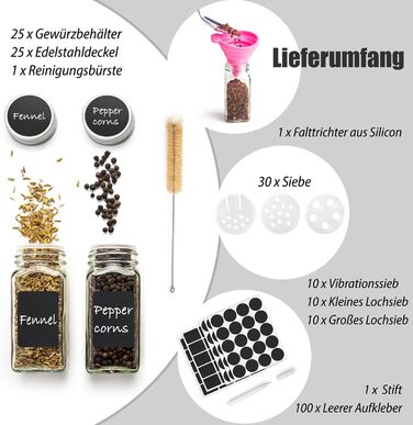 Набір банок для спецій ZEBEN® кутовий [25 шт 120мл] - 25 банок для спецій, мірний дозатор, етикетки, маркер, силіконовий воронка, щітка для чищення