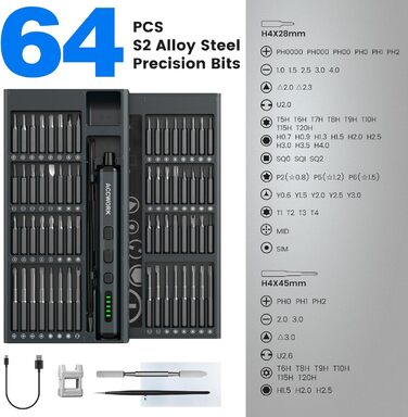 Електрична викрутка 68 в 1 з LED екраном та 64 бітами S2 - для ремонту ноутбуків, окулярів, годинників