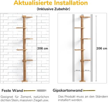 Kratzbaum, 5-story cat tree reaching the ceiling (206 cm), wall-mounted cat tree, made of natural rubber wood, for cats to climb, scratch, look out, and play.