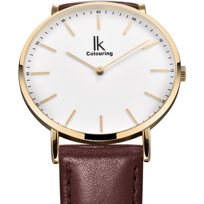 Годинник Alienwork IK Slim Ø36mm на шкіряному ремінці (Золото/Білий/Коричневий ремінець) для чоловіків та жінок