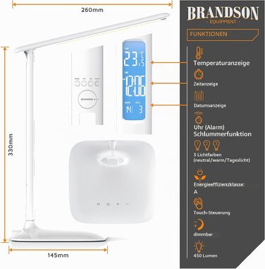 Світлодіодна настільна лампа Brandson з регулюванням яскравості, захистом очей, 3 режимами світла, термометром, годинником та календарем (Біла)