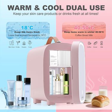 Mini-холодильник Enventor 4L (6 банок) з LED-дзеркалом, охолодження/нагрівання, рожевий