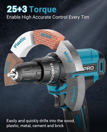 Акумуляторний шуруповерт MHPRO 21V з 2 акумуляторами 2.0Ah, 42Nm, 25+3 ступені крутного моменту, LED, 10мм патрон, 14-ти частинний набір для дому та саду