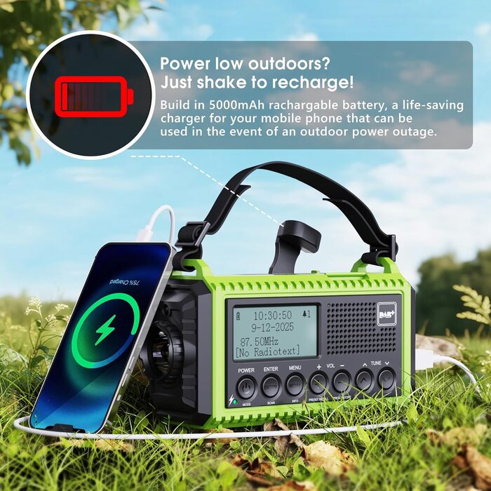 Радіо DAB/DAB+/UKW з вбудованим акумулятором 5000mAh, сонячне радіо, радіо для надзвичайних ситуацій з USB-зарядкою, радіо для кемпінгу з LED-ліхтариком, SOS-сигналом, портативне радіо з ручним приводом для активного відпочинку (зелене)