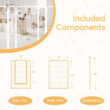 Клітка для собак, 101,6 см, 8 панелей, міцна металева конструкція, для дому та вулиці, кемпінгу, двору, автодому, захисний забір, приватність, тераса, білий колір