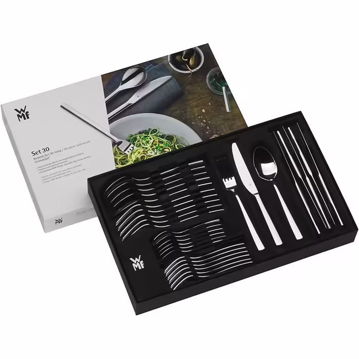 WMF Palermo Stainless Steel Cutlery Set, 6 Persons, 30-Piece Dining Cutlery Set, Monobloc Knives, Cromargan Stainless Steel Polished, Shiny, Dishwasher Safe Single