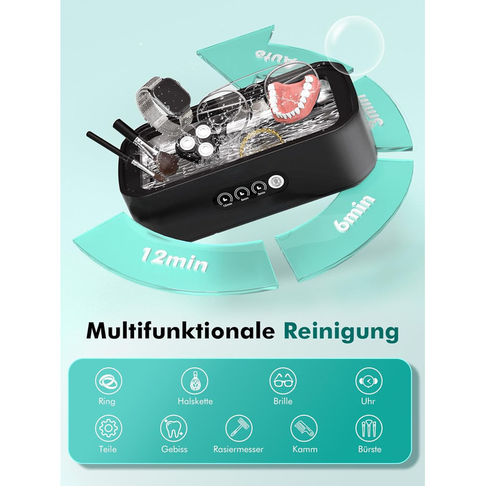 Ультразвукова мийка для ювелірних виробів та окулярів, 650 мл, 48 кГц, глибоке очищення 360°, чорний колір
