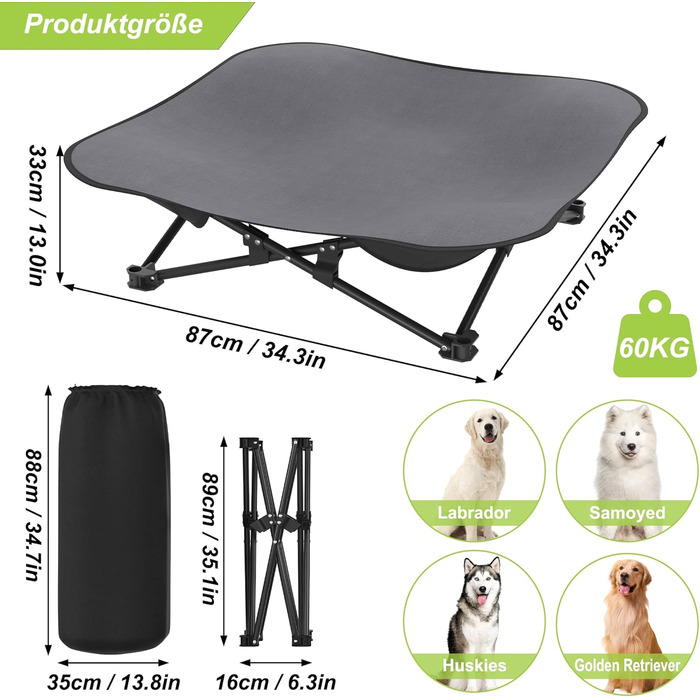Зручне складане ліжко для собак - дихаюче, підняте, для собак до 60 кг, ідеально для кемпінгу та саду, Outdoor/Indoor, 87 x 87 x 33 см
