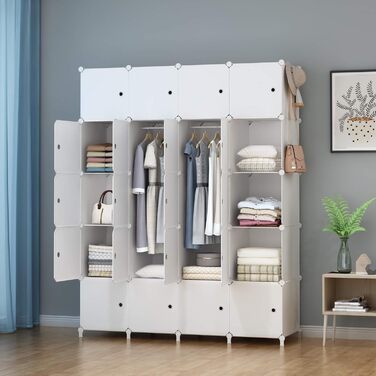 HOMIDEC Wardrobe, Portable Shelving System, 20-Cube Closet Organizer made of Plastic with 2 Clothes Rods, Bedroom Wardrobe Closet White for Bedroom, 180 x 142 x 45cm