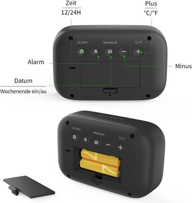 Цифровий будильник DOOMAY для нічного столу - батарейний годинник з LCD-дисплеєм, регульована гучність, функція відкладання та режим вихідних для спальні, робочого столу, подорожей, білий (чорний)