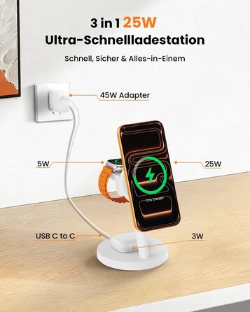 Зарядна станція JoyGeek 3-в-1 з магнітною індукцією 25W для iPhone 17/16, Apple Watch, Samsung Watch та AirPods. Білий матовий.