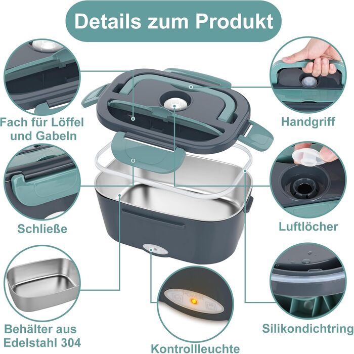 Електрична ланчбокс 1.5л для дорослих, 80W, з термосумкою та столовими приборами, нержавіюча сталь, блакитна, для авто/офісу