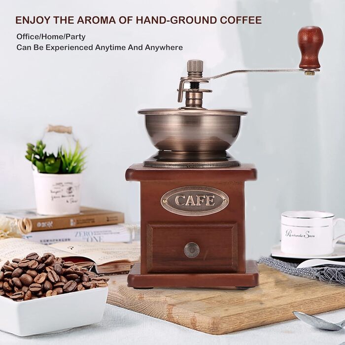 Manual Coffee Grinder Adjustable Coarseness Coffee Grinder Burr Grinder Coffee Bean Grinder Vintage Wooden Hand Grinder Handheld Coffee Grinder for Home Kitchen Office Camping Travel