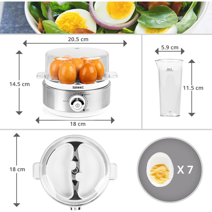 Електричний яйцеварка Duronic EB27 WE: для 1-7 яєць, регулювання ступеня готовності, таймер, захист від перегріву, мірна склянка та знімач яєць