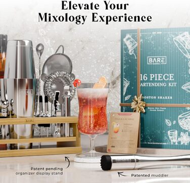 Набір для бармена BARE BARREL® Mixology: 16 предметів | Шейкер, інструменти для змішування коктейлів | Набір для дому | 35 рецептів | Подарунок