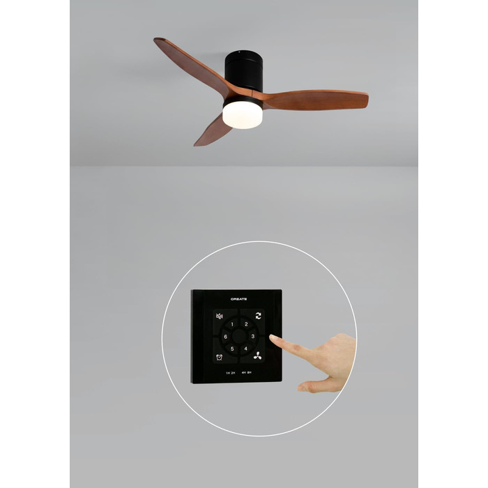 Стельовий вентилятор CREATE WINDCALM з LED-освітленням та пультом ДК, 40 Вт, Ø112 см, 6 швидкостей, 3 режими світла, режим літо/зима, чорний з темним деревом