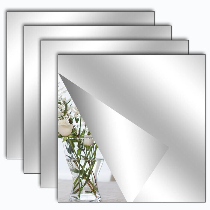 Клейкі дзеркальні наклейки на плитку, 4 шт. - Акрилові дзеркала для школи, дому, ванної кімнати (20 x 20 см, прямий кут)