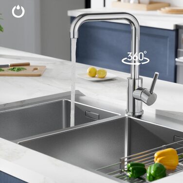 Змішувач кухонний FORIOUS, поворотний 360°, L-подібний, для 1 отвору, полірований хром