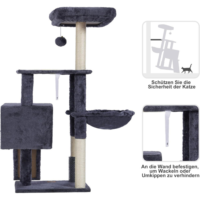 Котячий будиночок Heybly з котячою щіткою, котячий будиночок для домашніх котів з оббитою лежаком з плюшу, котячий когтетоп з кошиком, когтеточкою та когтетопом, сірий HCT005SG