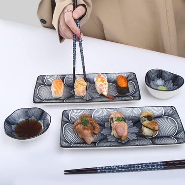 Набір для суші Artcome (10 шт) з кераміки в японському стилі - 2 тарілки, 2 соусники, 2 миски для закусок, 2 пари паличок, 2 підставки, темно-синій