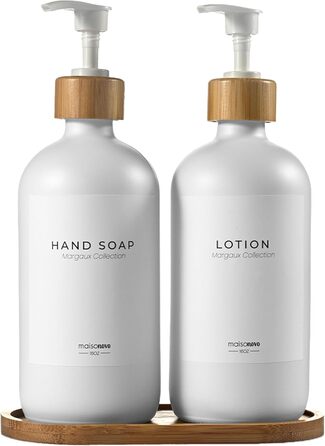 Набір дозаторів для мила та рідкого миючого засобу MaisoNovo | Скляні дозатори для ванної кімнати | 500 мл, білий колір, бамбукова помпа, 2 шт.