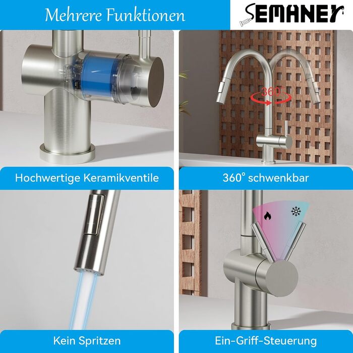 Кухонний змішувач SEMANEY з висувною лійкою та двома режимами, поворотний на 360°, з одним важелем, з матовою обробкою