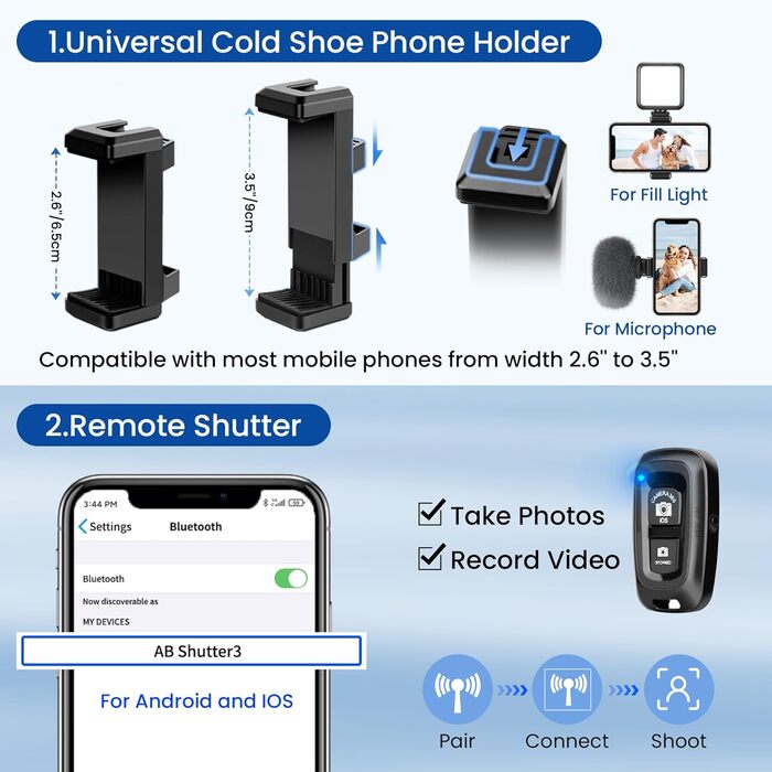 Штатив Victiv 162 см: розширюваний штатив з пультом для iPhone/Samsung/Huawei, для смартфонів та легких камер, 3-х стороння головка