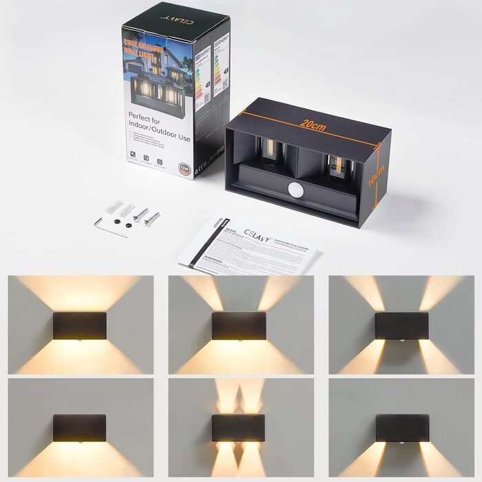 LED вуличний світильник Celavy з датчиком руху, антрацит, IP65, для балкона та тераси, вулична настінна лампа