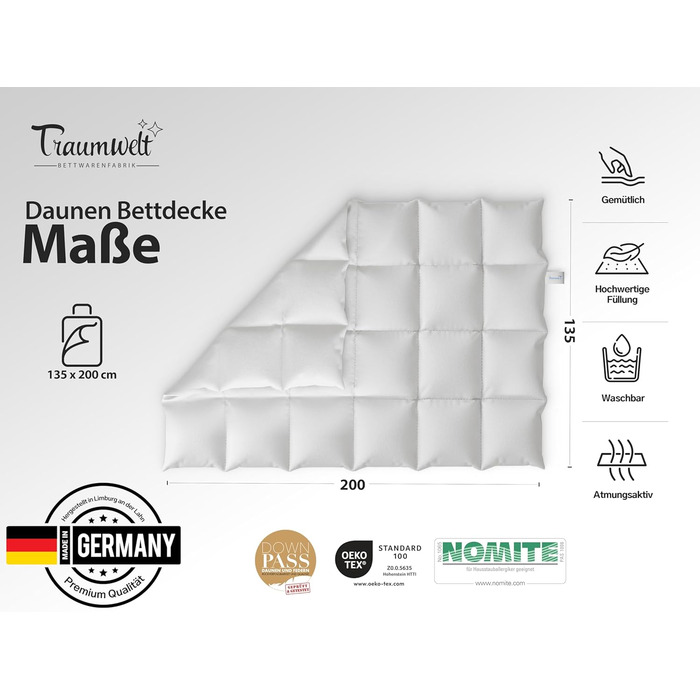 Зимова пухова ковдра Traumwelt Natur 135x200 см, 90% пух, 10% перо, антиалергенна, сертифікат Öko-Tex, Downpass, Made in Germany