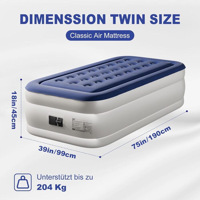 Надувний матрац LEADZM для 2 осіб з електронасосом, 203x152x46 см, сірий (синьо-білий). Флок + PVC, до 295 кг
