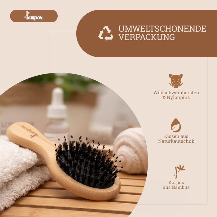 Бамбукова щітка для волосся Lampox з щетиною кабана, масажна щітка для голови, розпушувач для довгих волосся та кучерів, підходить для жінок, чоловіків та дітей (овальна, для дітей)