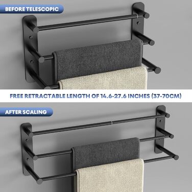 Тримач для рушників Lannvan без свердління, висувний 37-70см, нержавіюча сталь, для ванної кімнати/кухні, 2 способи встановлення, чорний