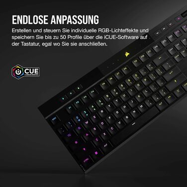 Ігрова механічна клавіатура Corsair K100 Air Wireless RGB з перемикачами Cherry MX Ultra Low Profile, Bluetooth, QWERTZ DE, чорна