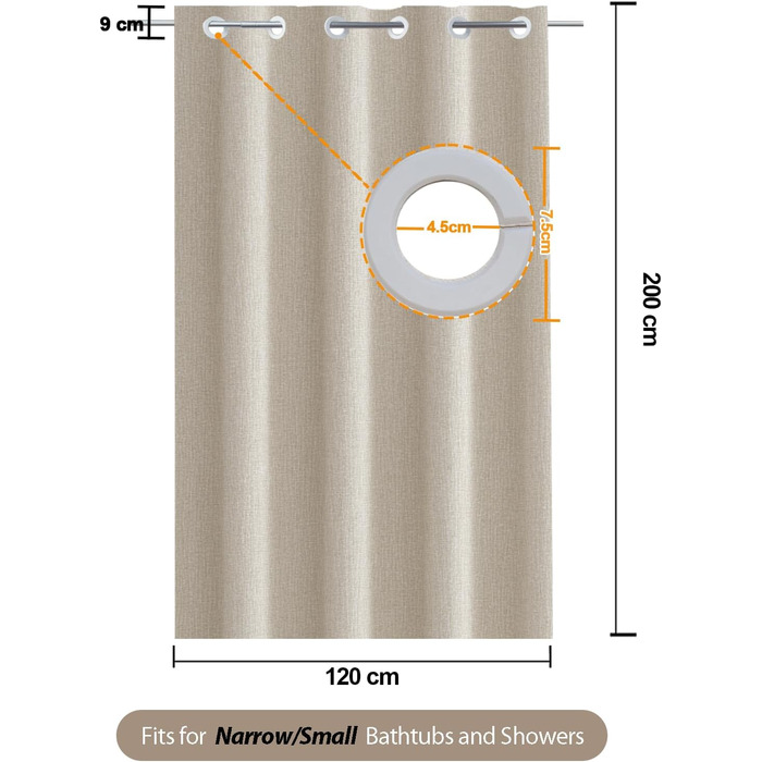 Штора для душу YISURE бежева льоноподібна, 120x200 см, водонепроникна, текстильна, машинне прання