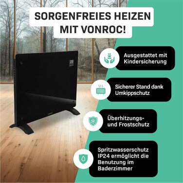 Електричний конвекторний обігрівач VONROC - 1500W, білий/чорний, для кімнат до 24м², ручне/APP керування