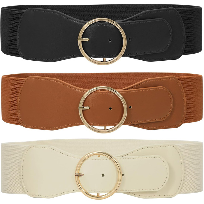 Еластичний пояс для жінок WERFORU 3 шт. Широкий ремінь для сукні, чорний+коричневий+бежевий, розмір M (73-82 см)