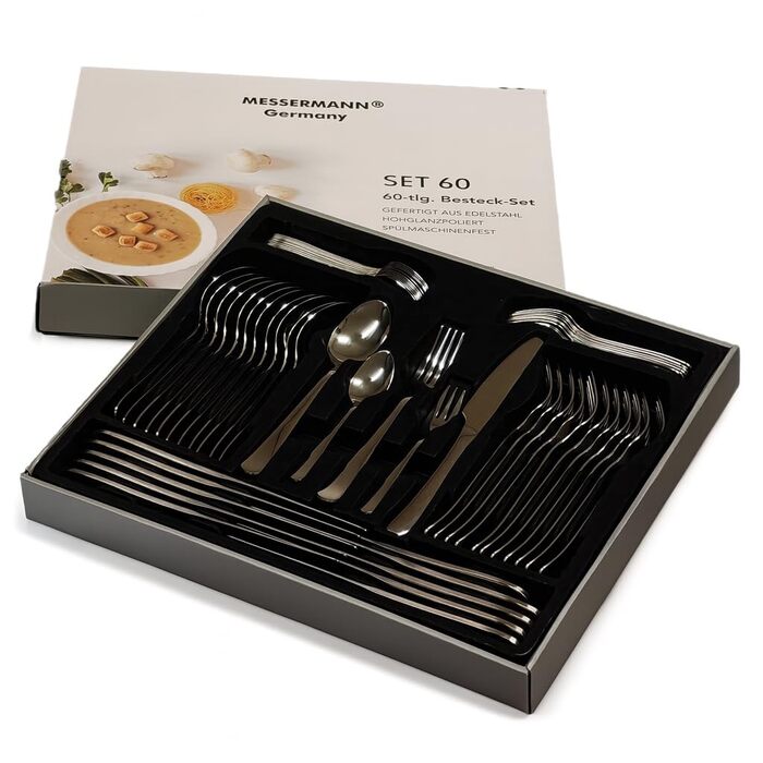 Набір столових приборів 60 предметів для 12 осіб з нержавіючої сталі – елегантний набір, полірований до блиску, придатний для миття в посудомийній машині та стійкий до іржі; для вишуканого сервірування столу в будні та на свята (Модель 3)