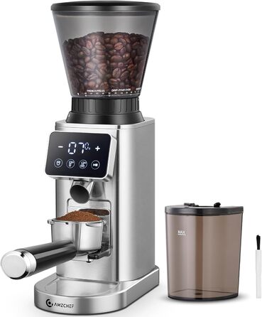 AMZCHEF Електрична кавомолка з регулюванням помелу для еспресо, drip, pour over, cold brew та French press | Срібна