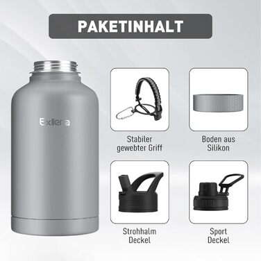 2L Stainless Steel Water Bottle with Straw, Double-Insulated Water Bottle 2 Liter with Two Lids and Protective Silicone Boot, Paracord Handle for Easy Carrying - (2000 ml, Grey)