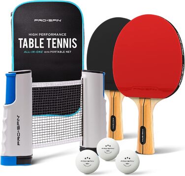 PRO SPIN Table Tennis Set with Net - Includes Table Tennis Balls (3-Star), Case & Mobile Net | Table Tennis Set for 4 Players