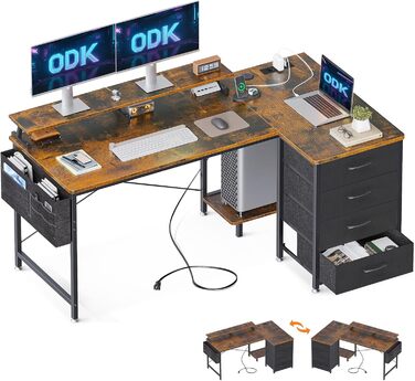 Кутовий письмовий стіл ODK L-подібний 140x80x84.7 см, з 4 шухлядами та полицею для монітора, реверсивний, з 2 USB-портами та 2 розетками, для домашнього офісу, коричневий