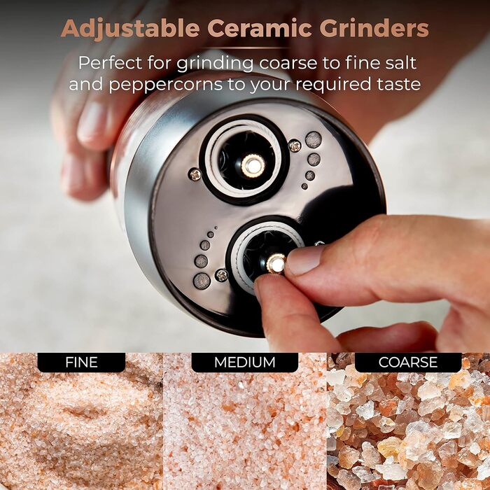 Електричні соляні та перечні млини Tower, рожевий та рожеве золото, з регульованими керамічними жорнами, працюють від батарейок, T847004PNK (Чорний)