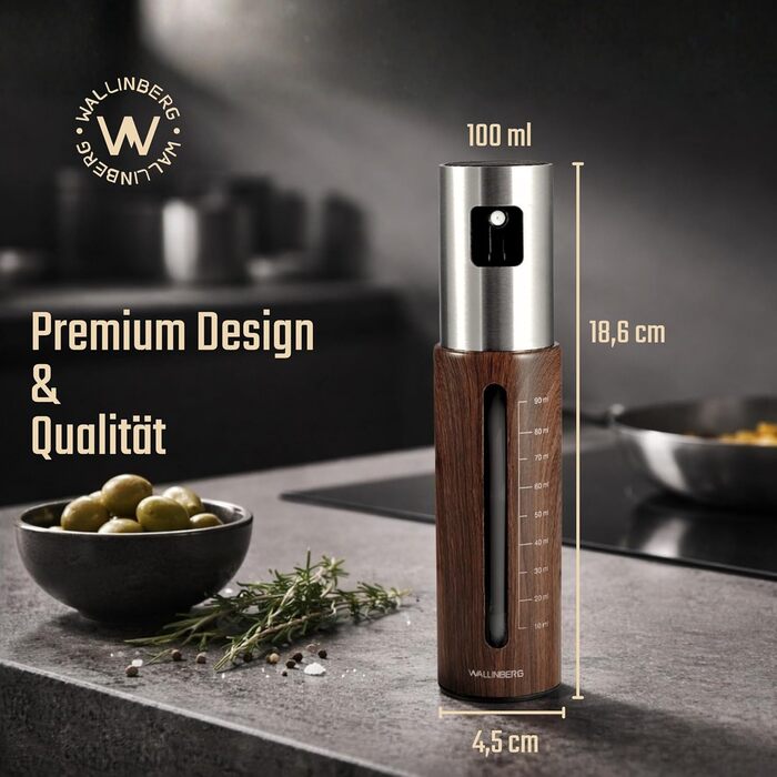 Розпилювач для олії та оцту Premium Holzoptik 100 мл з нержавіючої сталі та скла | Спрей для Airfryer, гриля та кухні