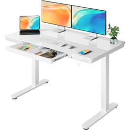 Електричний скляний стіл ErGear 120x60 см з регулюванням висоти, висувною шухлядою, для дому та офісу, біла скляна стільниця, білий каркас